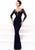 Tarik Ediz Lace Embellished Long Sleeves Evening Gown 93334 - 1 pc Navy In Size 8 Available CCSALE 8 / Navy