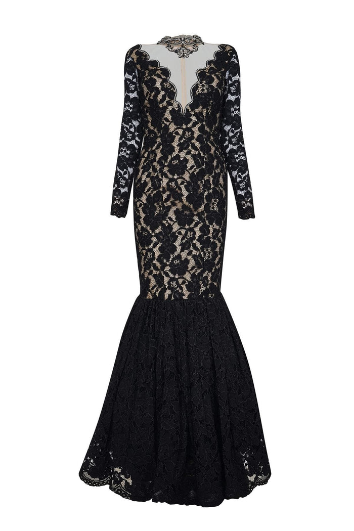 Tarik Ediz - Lace Illusion High Neck Mermaid Dress 50050 Special Occasion Dress 0 / Black