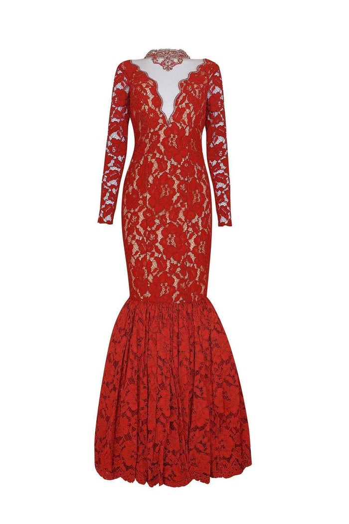 Tarik Ediz - Lace Illusion High Neck Mermaid Dress 50050 Special Occasion Dress 0 / Red