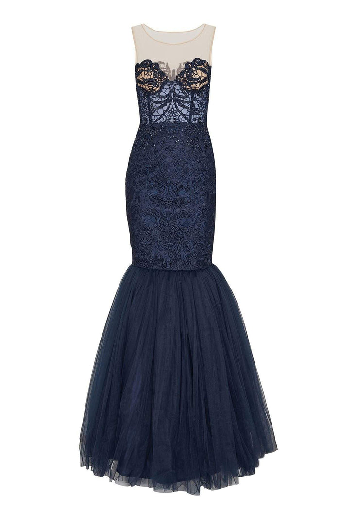 Tarik Ediz - Lace Illusion Neck Dress 50061 Special Occasion Dress 0 / Navy