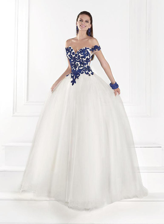 Tarik Ediz - Off the Shoulder Filigree Patterned Tulle Gown 92613