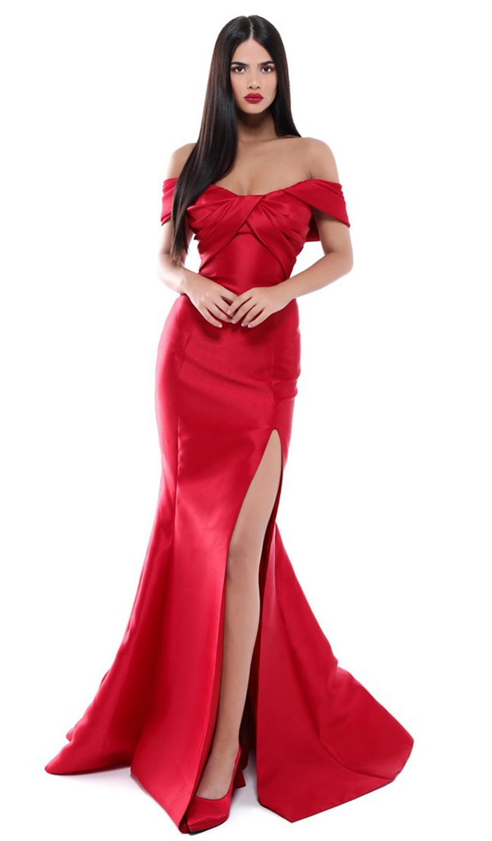Tarik Ediz - Pleated Off-Shoulder Mermaid Dress 50448 CCSALE 2 / Red