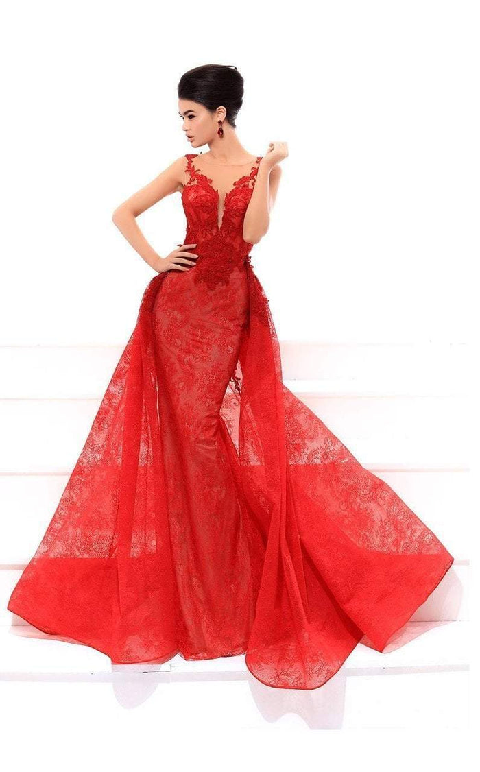 Tarik Ediz Plunging Illusion Applique Lace Overskirt Gown 93439 - 1 pc Red In Size 10 Available CCSALE 10 / Red
