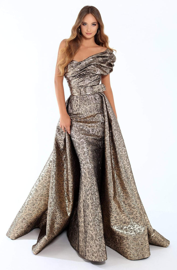Tarik Ediz - Ruched Jacquard Trumpet Dress With Overskirt 93709 - 1 pc Gold In Size 14 Available CCSALE 14 / Gold