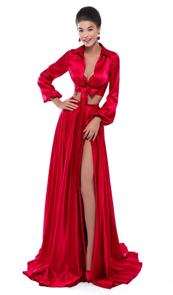 Tarik Ediz - Two Piece Lace Satin A-line Dress 50476 - 1 pc Red In Size 4 Available CCSALE 4 / Red