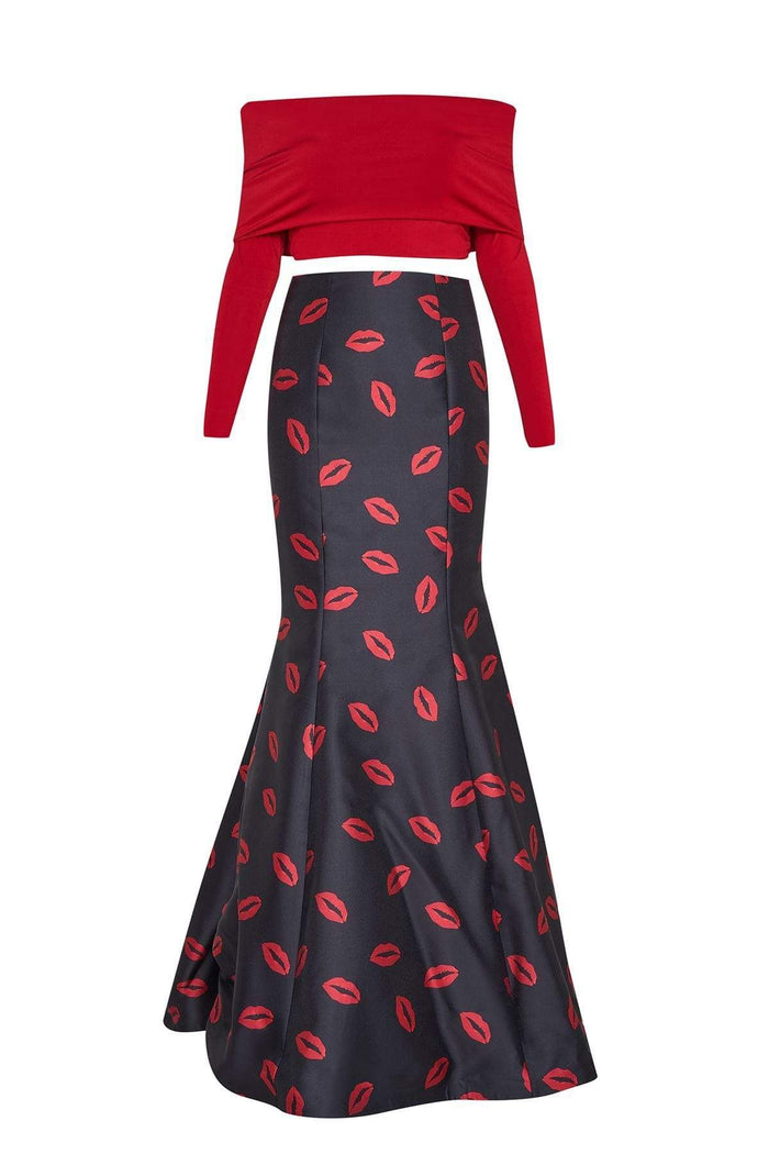 Tarik Ediz - Two-Piece Print Off-The-Shoulder Neck Dress 50112 Special Occasion Dress 0 / Red