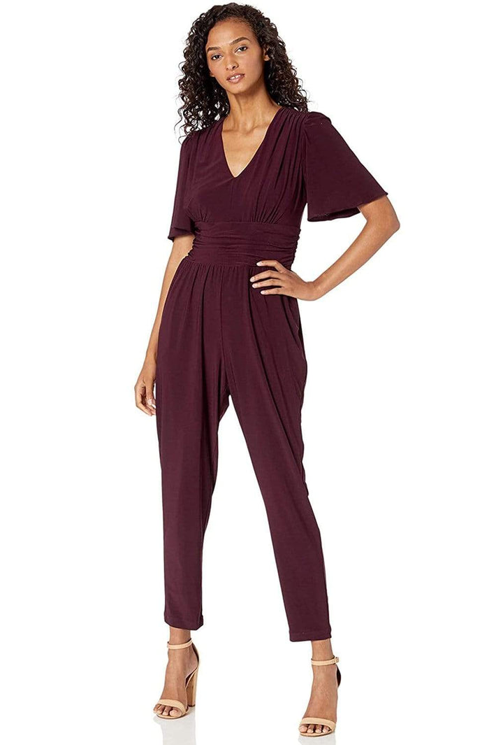 Taylor - 1564M Short Sleeve Ruched Tapering Jumpsuit Evening Dresses 00 / Wine