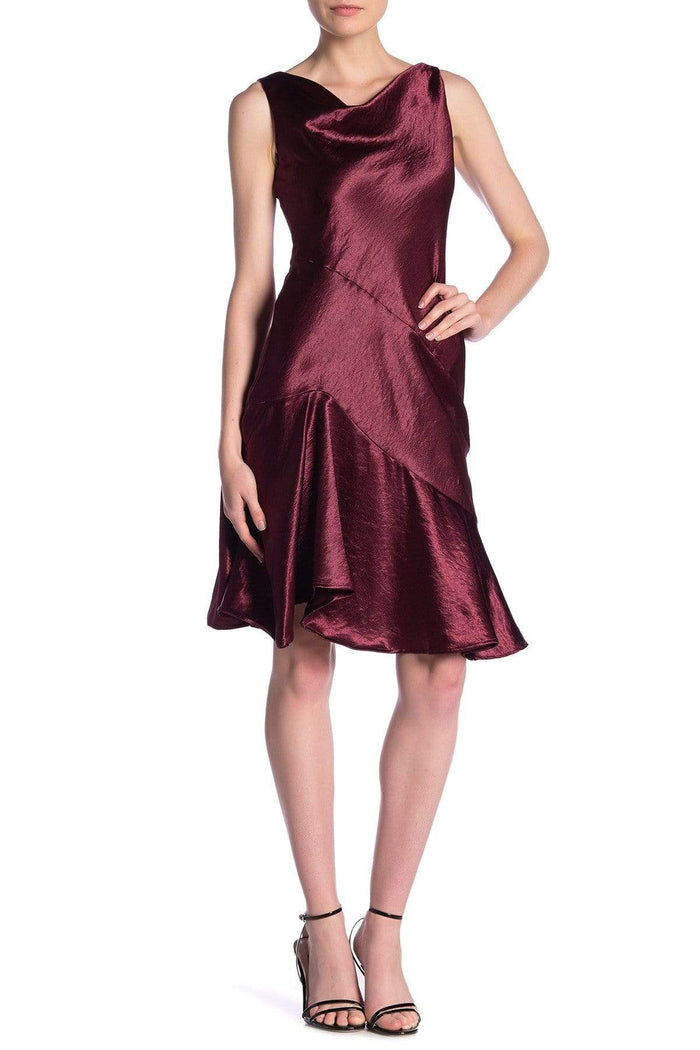 Taylor - 9973M Cowl Neck Satin Asymmetrical Hemmed Dress Special Occasion Dress 00 / Burgundy