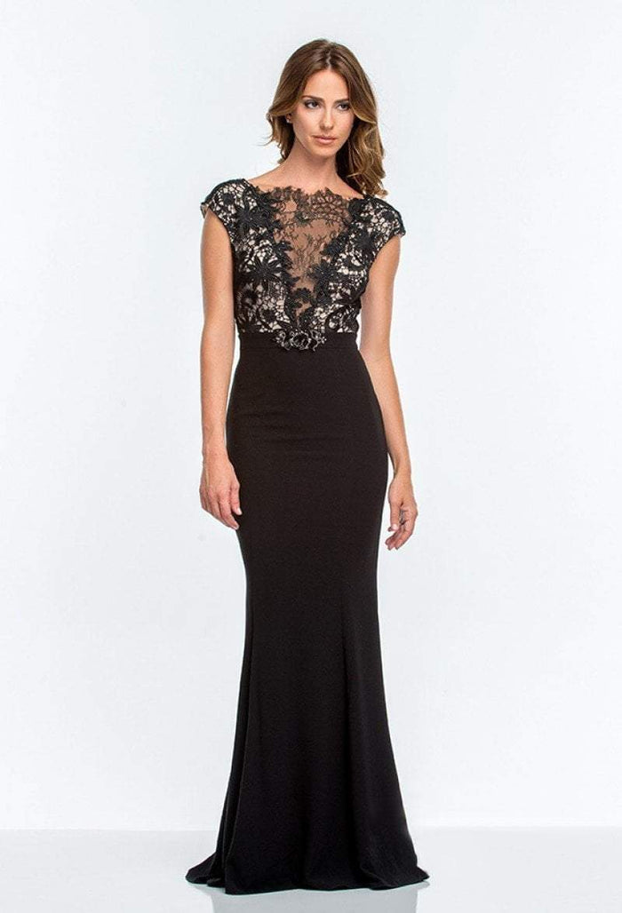 Terani Couture - 151E0444A Lace Overlaid Cap Sleeve Gown Special Occasion Dress 00 / Black Nude
