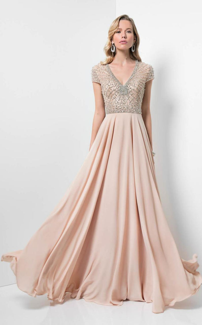Terani Couture 1712M3429 Cap Sleeve Crystal Overlaid Chiffon Gown CCSALE 6 / Champagne