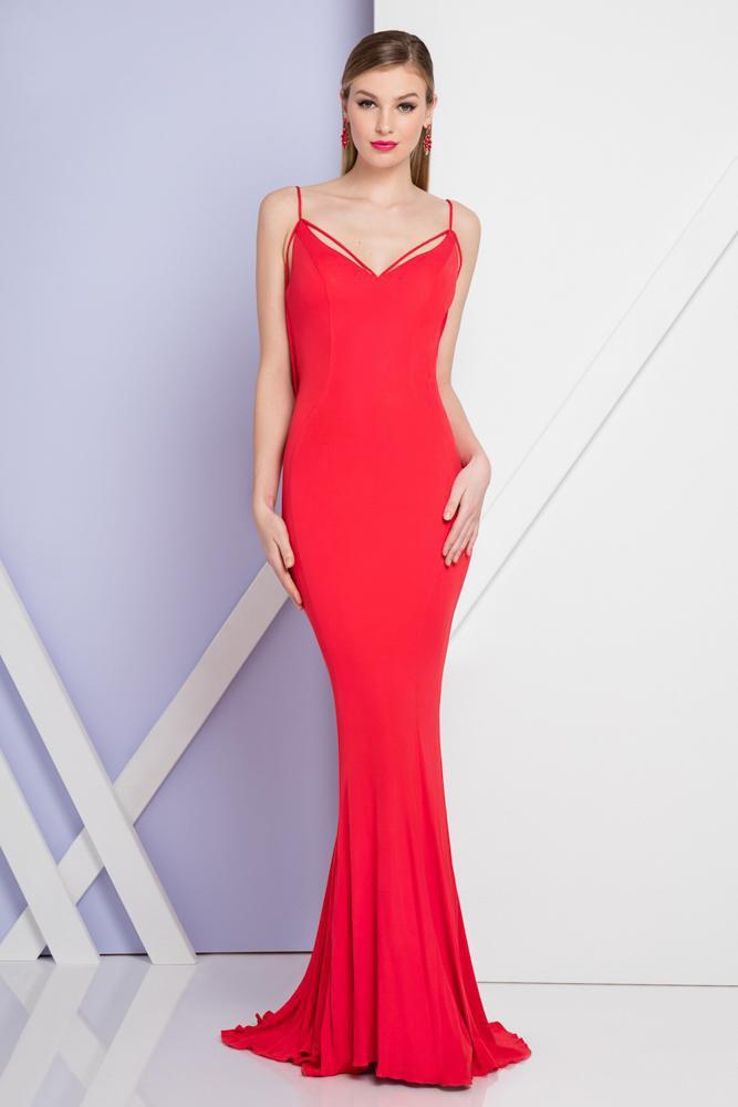 Terani Couture - 1721E4179 Cowl V-Neck Sheath Dress Special Occasion Dress 0 / Red