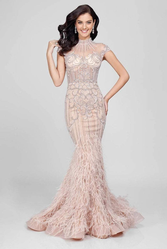Terani Couture - 1721GL4446 Feathered High Neck Mermaid Dress Special Occasion Dress 0 / Blush