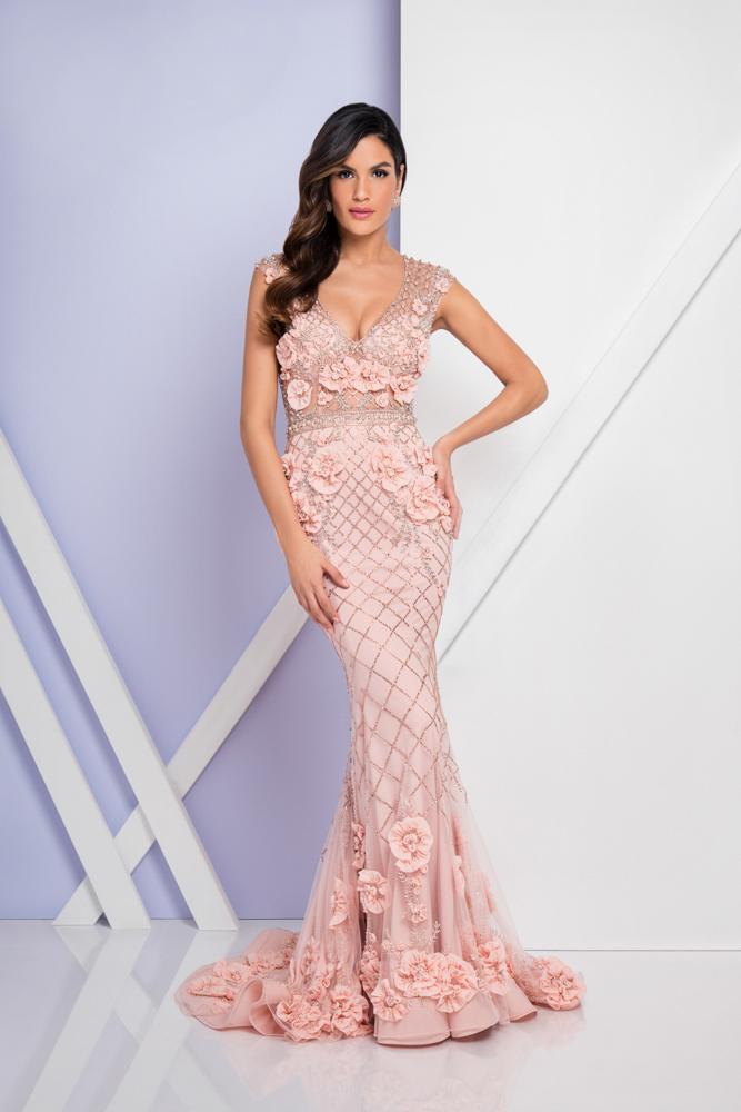 Terani Couture - 1722GL4488 Beaded Floral Applique Evening Dress Special Occasion Dress 0 / Blush