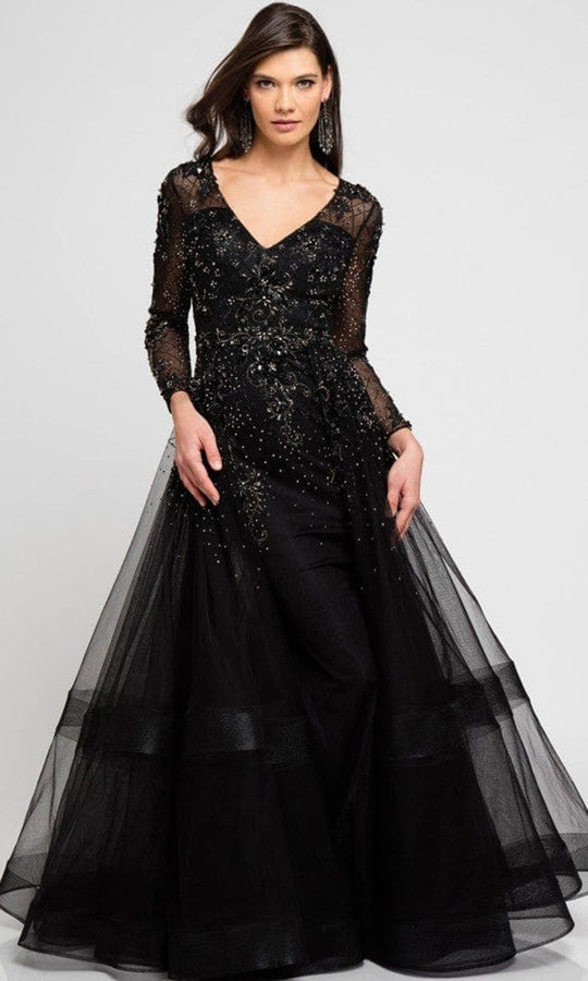 Terani Couture - 1722M4354 V-Neck Beaded Overskirt Gown