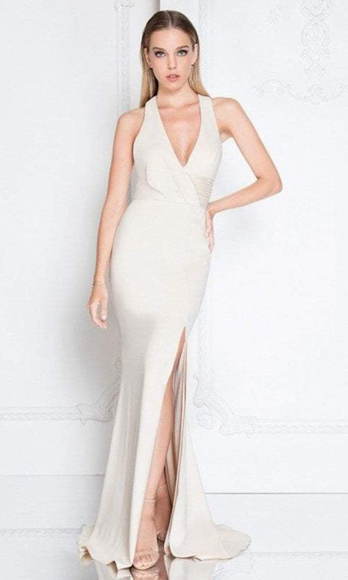 Terani Couture - 1811E6103 Surplice Bodice Sheath Gown Special Occasion Dress 00 / Bisque