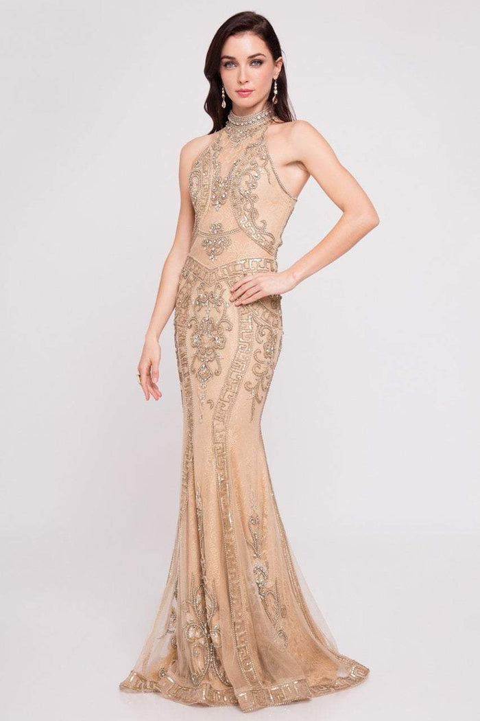 Terani Couture - 1811GL6433X Beaded Lace High Neckline Long Gown Special Occasion Dress 0 / Champagne Nude