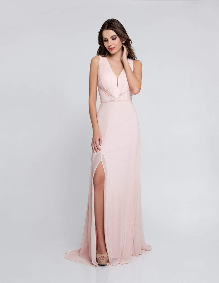 Terani Couture - 1812B5427 Sleeveless Gathered V-Neck High Slit Gown Special Occasion Dress 00 / Blush