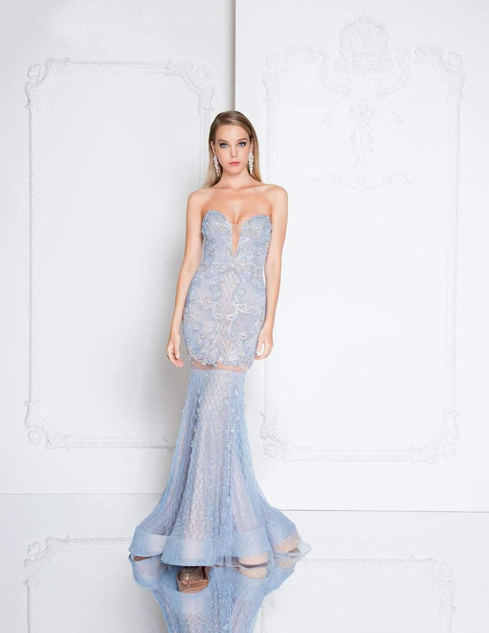 Terani Couture - 1812GL5369X Beaded Sweetheart Illusion Mermaid Gown Special Occasion Dress 0 / Ice Blue
