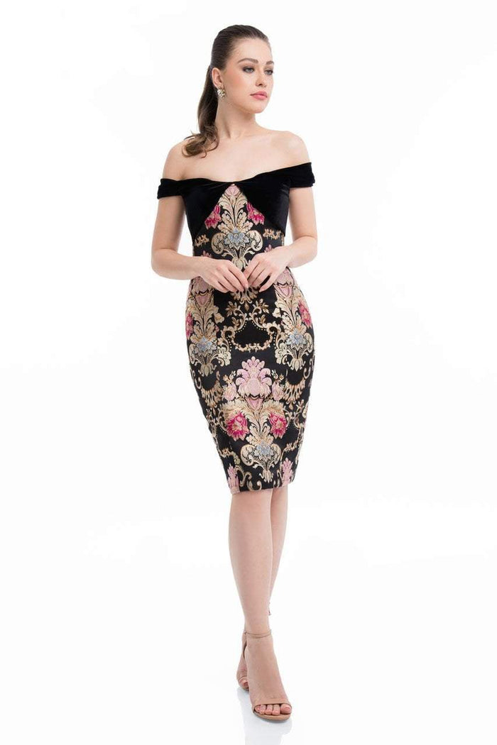 Terani Couture - 1821C7021 Off-Shoulder Velvet Knee Length Dress Special Occasion Dress 0 / Black Multi