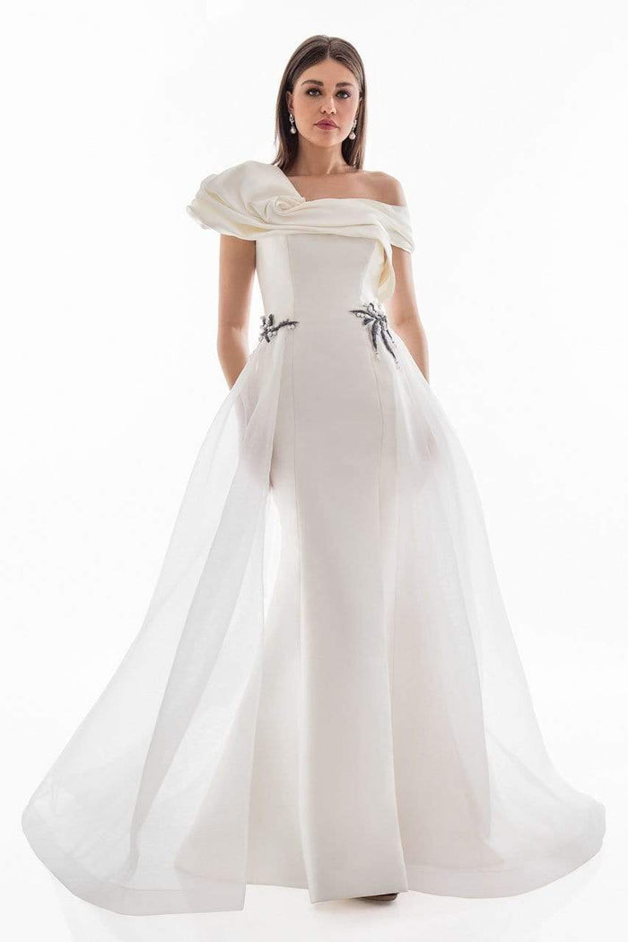 Terani Couture - 1821E7100 Dramatic Off Shoulder Sheer Overskirt Gown Special Occasion Dress 0 / Ivory