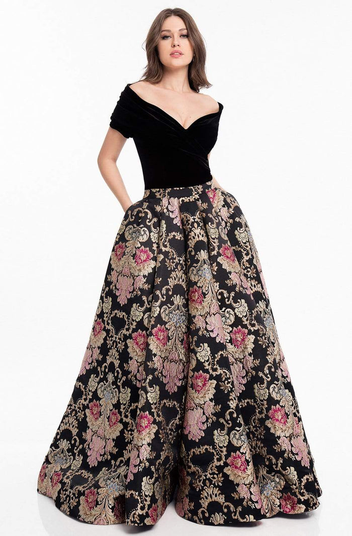 Terani Couture - 1821E7116 Off-Shoulder Velvet Tapestry Ballgown Ball Gowns 0 / Black Multi