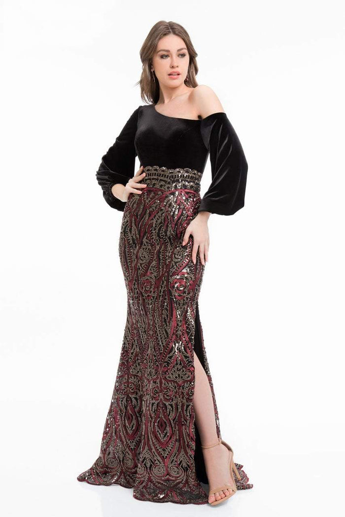 Terani Couture - 1821E7124 Embroidered Asymmetrical Long Sleeves Gown Special Occasion Dress 0 / Wine Black