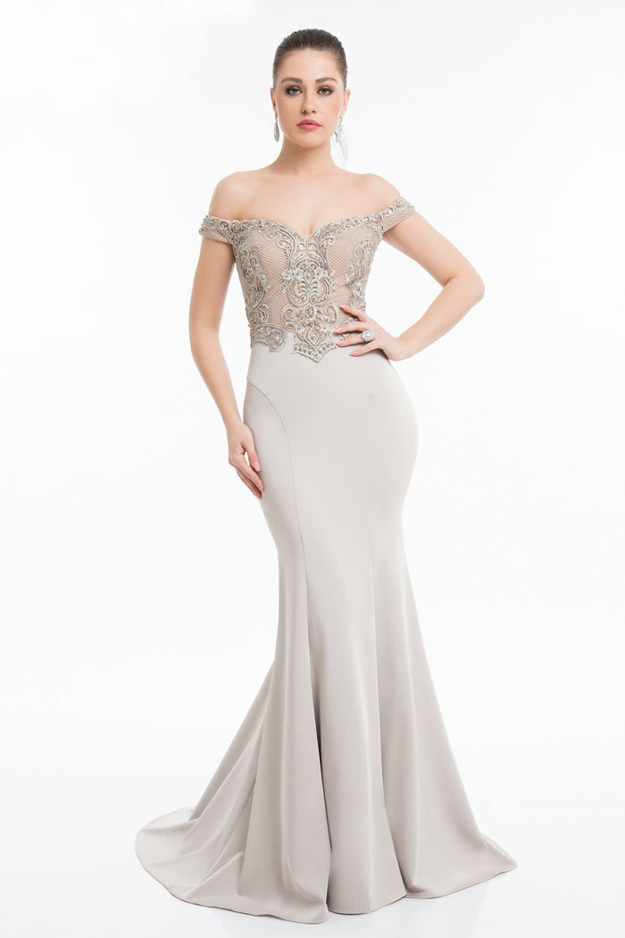 Terani Couture - 1821E7130 Two-Toned Embroidered Bodice Mermaid Gown Special Occasion Dress 0 / Putty