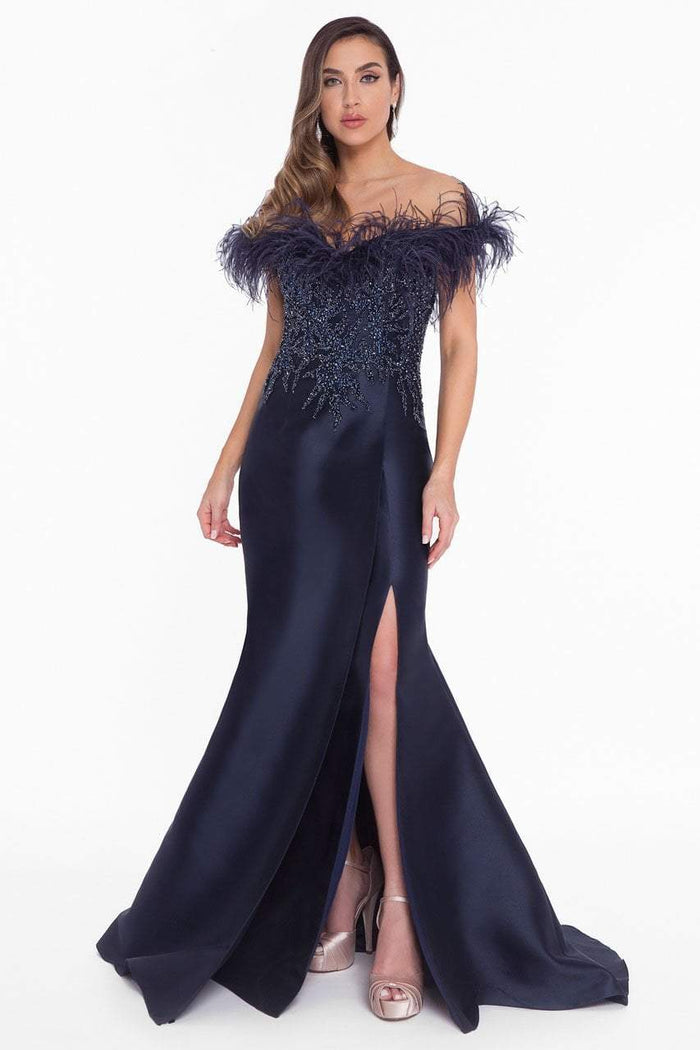 Terani Couture - 1821E7142 Feather Accent Off Shoulder Mermaid Dress Special Occasion Dress 0 / Navy