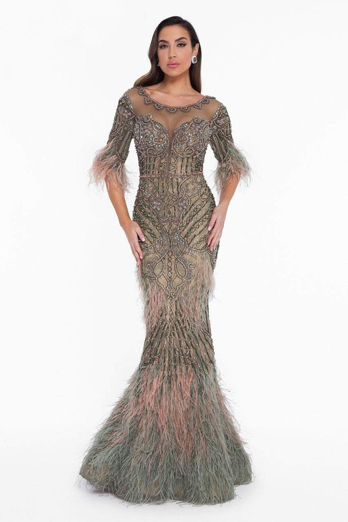 Terani Couture - 1821GL7412 Feather Ornate Illusion Scoop Beaded Gown Special Occasion Dress 0 / Blush Olive