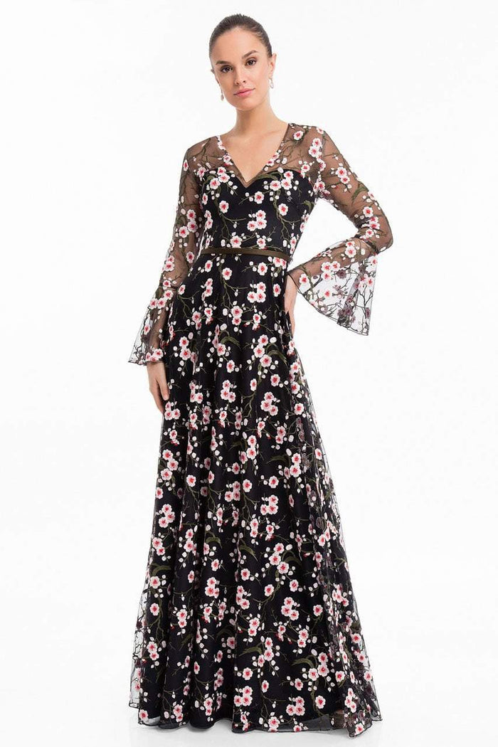 Terani Couture - 1822E7251 Floral Embroidered V-neck A-line Dress Special Occasion Dress 0 / Black Multi