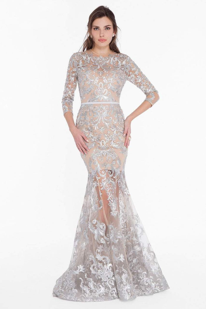 Terani Couture - 1822GL7509 Embroidered Sheer Jewel Trumpet Dress Special Occasion Dress 0 / Silver Nude