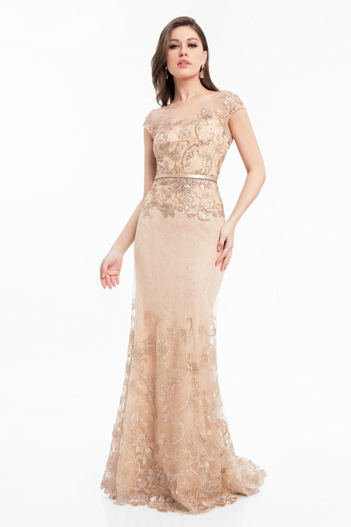 Terani Couture - 1823M7704 Sequined Metallic Lace Trumpet Dress Special Occasion Dress 0 / Rose Gold Nude