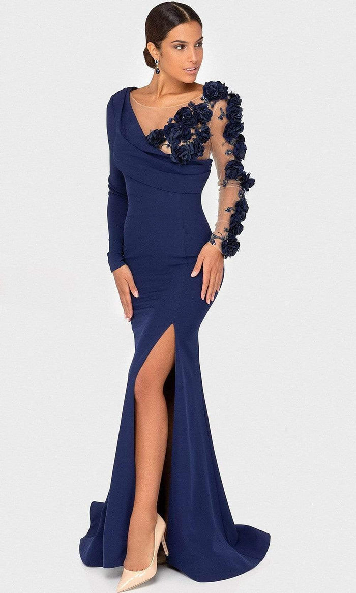 Terani Couture - 1911E9109 Floral Appliqued V-Neck Mermaid Gown Special Occasion Dress 0 / Navy