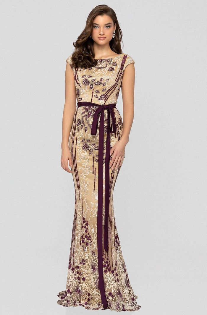 Terani Couture - 1911E9115 Floral Embroidered Bateau Evening Dress Evening Dresses 0 / Beige Wine