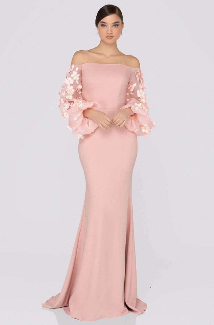 Terani Couture - 1911E9128 Offshoulder Floral Accent Puff Sleeves Gown Evening Dresses 0 / Blush