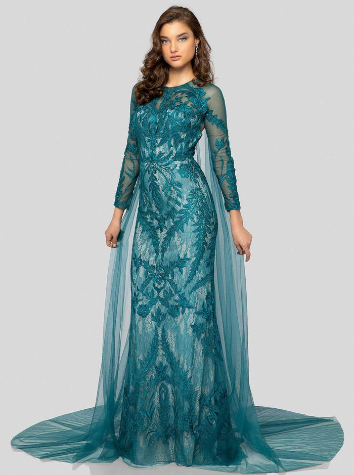 Terani Couture - 1911GL9468 Leafy Embroidered Sheath Evening Dress Special Occasion Dress 0 / Peacock