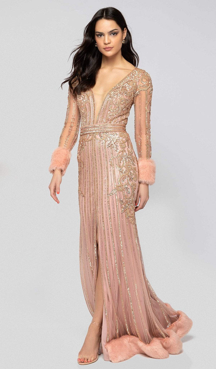 Terani Couture - 1911GL9499 Bead Embellished Plunging Evening Gown Special Occasion Dress 0 / Rose Gold