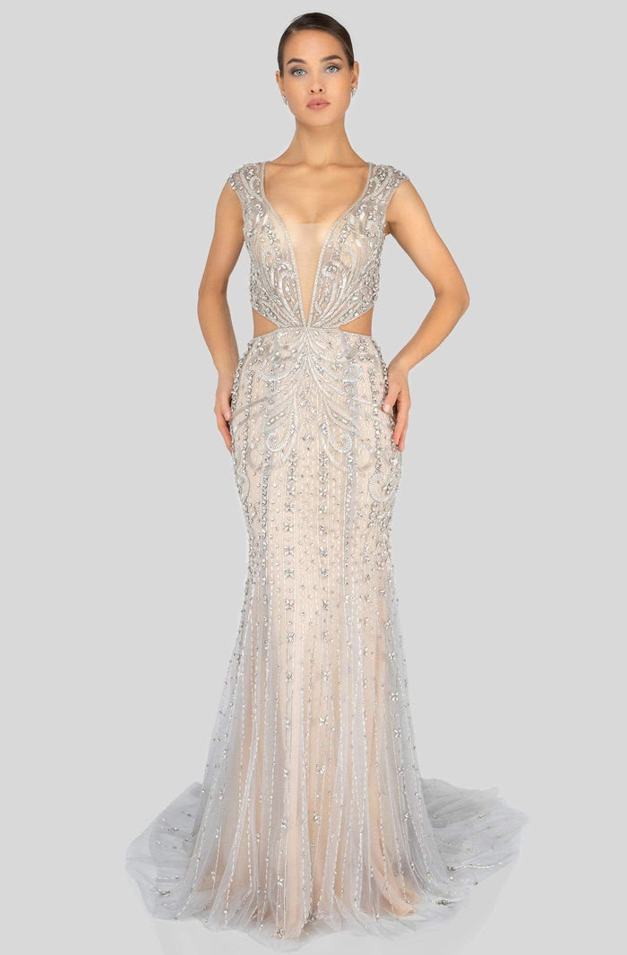 Terani Couture - 1911GL9500 Bead Embellished Cutouts Sheath Gown Evening Dresses 0 / Crystal Silver