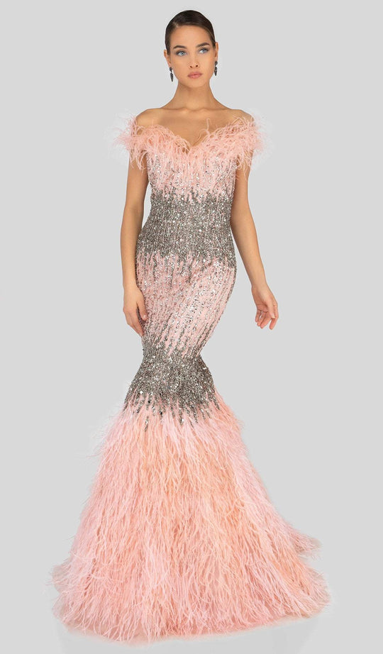 Terani Couture - 1911GL9512 Feather-Fringed Bejeweled Mermaid Gown