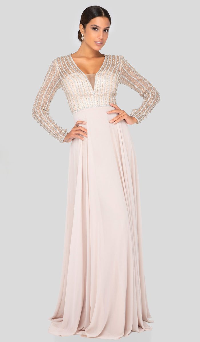 Terani Couture - 1911M9326 Bead-Striped Sheer Long Sleeve Chiffon Gown Special Occasion Dress 0 / Champagne