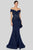 Terani Couture - 1911M9339 Off Shoulder Side Drape Peplum Mermaid Gown Special Occasion Dress 0 / Navy