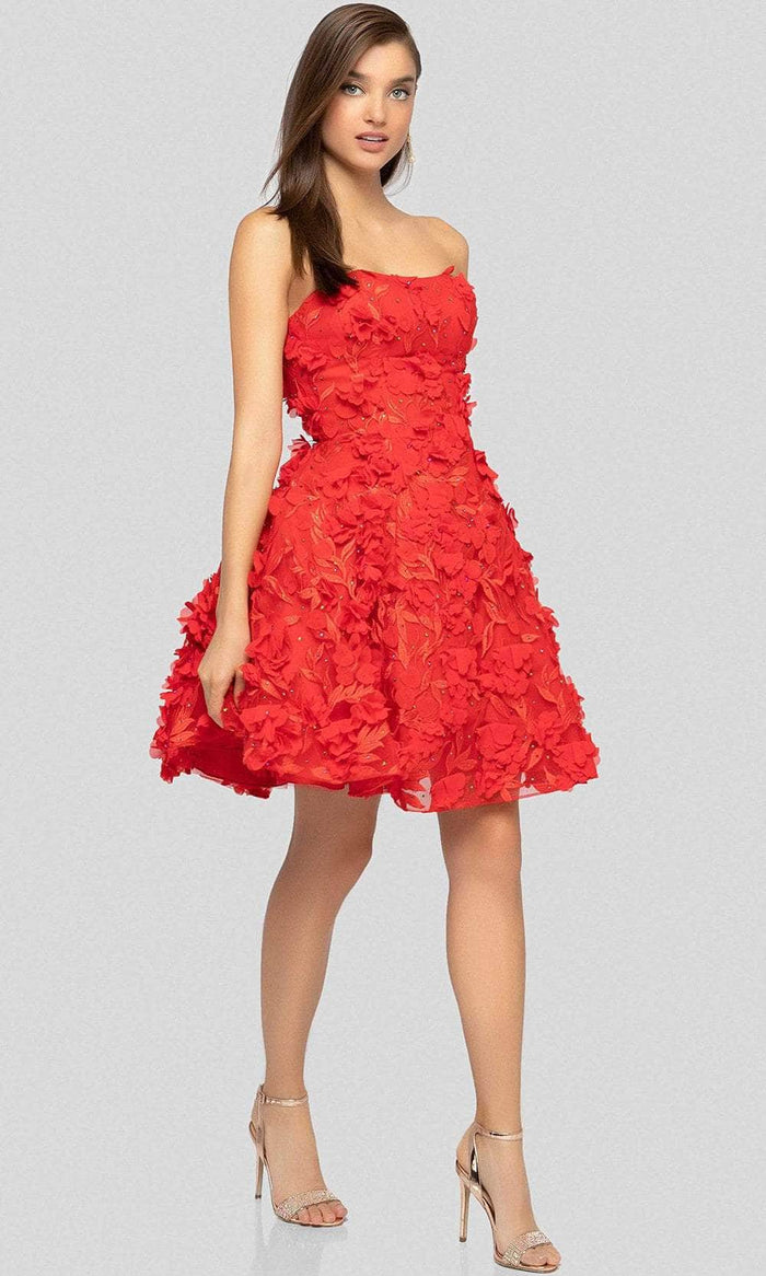 Terani Couture - 1911P8057 Jeweled Floral Appliqued Bustier Dress Cocktail Dresses 0 / Red