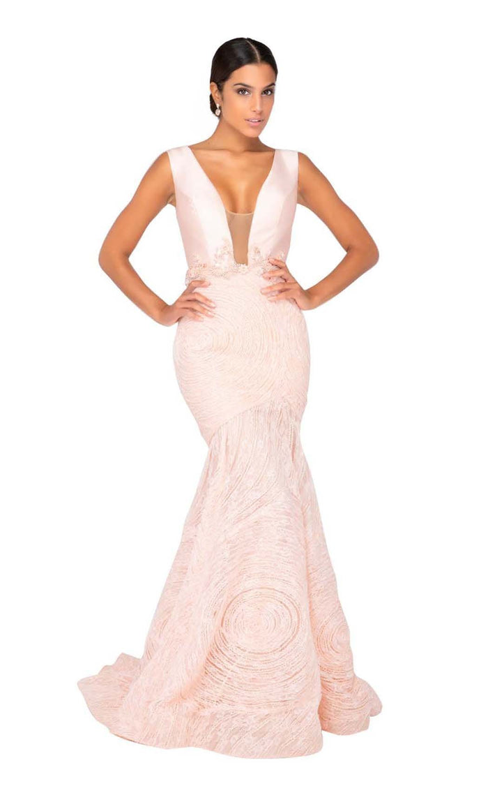 Terani Couture - 1911P8158 Plunging V-Neck Trumpet Gown Special Occasion Dress 0 / Blush Nude