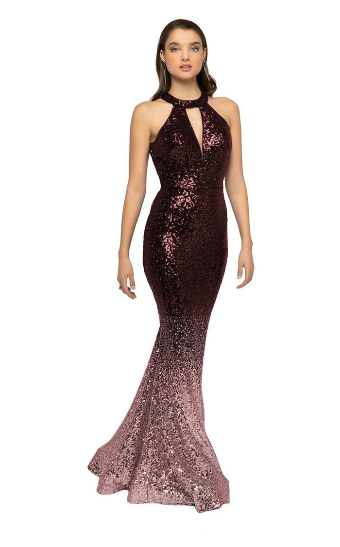 Terani Couture - 1911P8177 Ombre Sequined Halter Cutout Gown Prom Dresses 0 / Wine Rose Gold