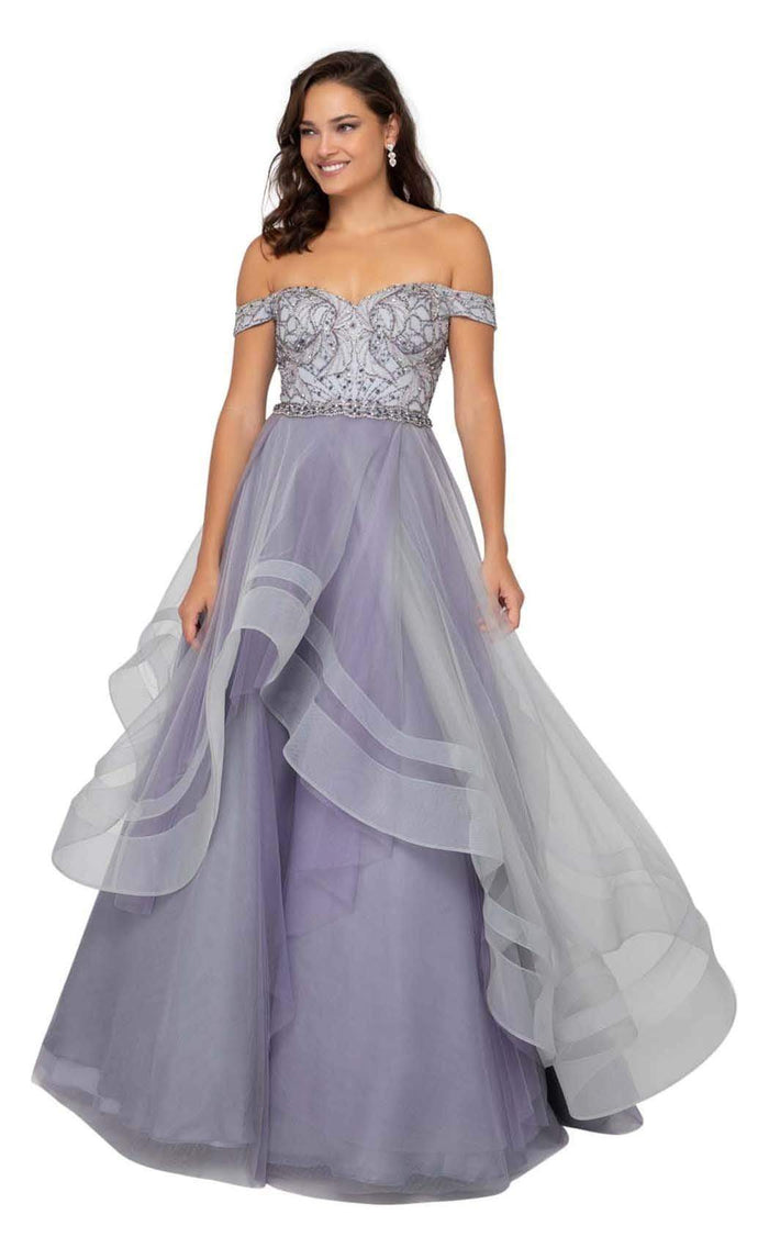 Terani Couture - 1911P8501 Beaded Off-Shoulder Tulle Ballgown Prom Dresses 0 / Silver Lilac