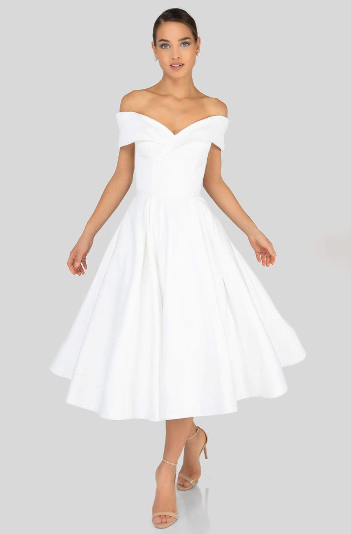 Terani Couture - 1912C9656 Off-Shoulder Tea Length A-line Dress Homecoming Dresses 0 / Ivory