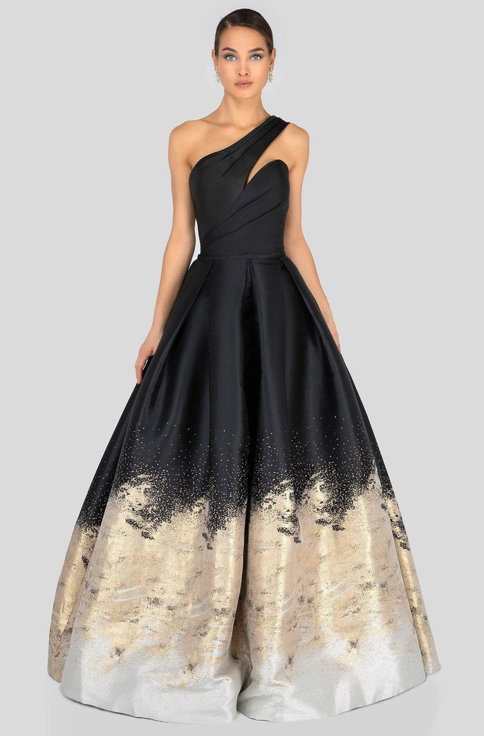 Terani Couture - 1912E9180 Two Tone Asymmetric Pleated Ballgown Ball Gowns 0 / Black Gold