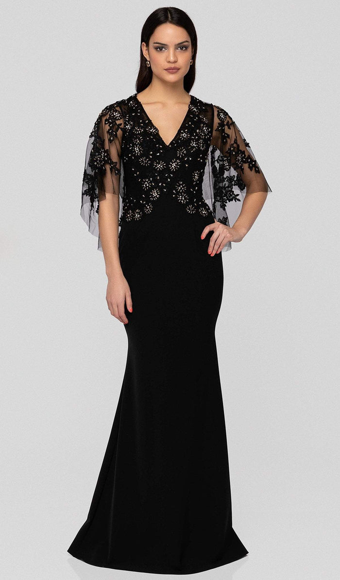 Terani Couture - 1912M9350 Floral Applique Plunging Neck Trumpet Dress Special Occasion Dress 0 / Black