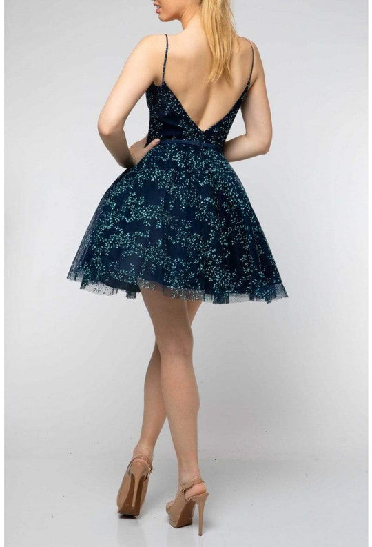 Terani Couture - 1912P8083 Leafy V Neck A-Line Cocktail Dress
