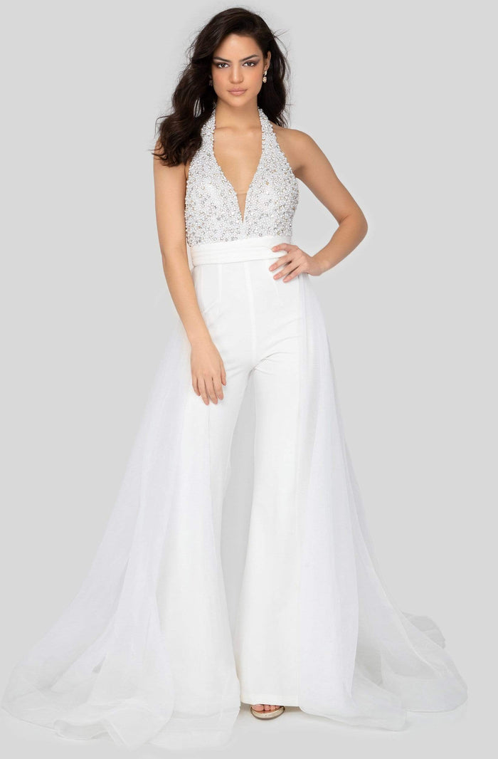 Terani Couture - 1912P8208 Beaded Plunge Sheer Overskirt Jumpsuit Prom Dresses 0 / Ivory